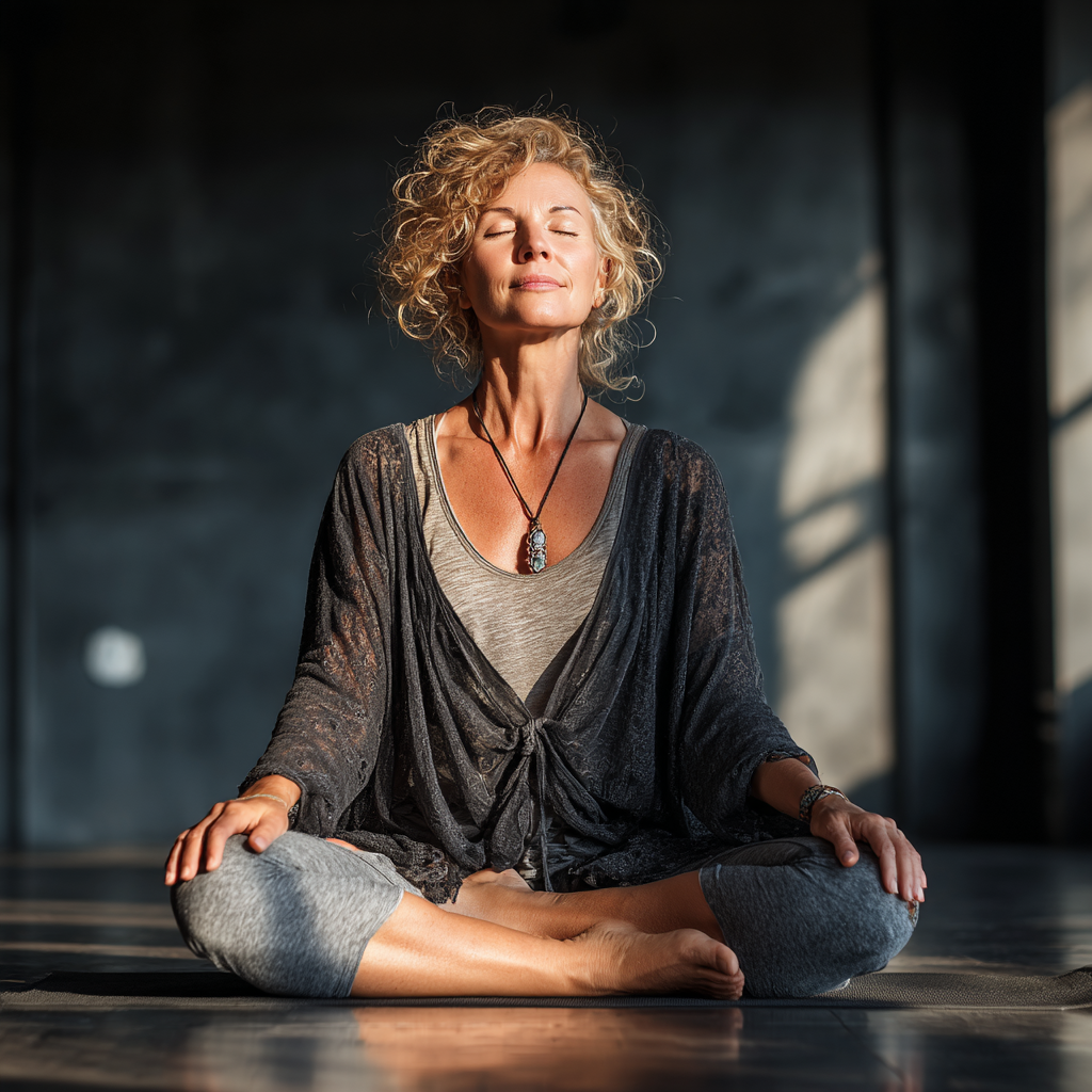 Middle-aged woman in comfortable yoga pose on mat, peaceful expression, natural lighting in modern studio