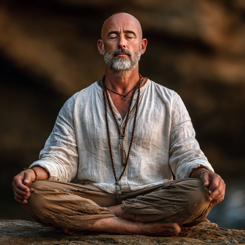 Peaceful man in his fifties sitting in lotus pose during meditation, serene expression, natural outdoor setting